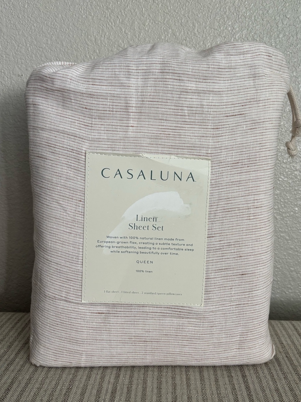 NWT Queen 100% Linen Sheet Set Adobe Clay Micro Stripe - Casaluna